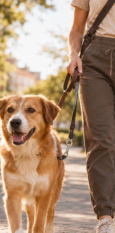 Dog walker passeando com cão pela cidade