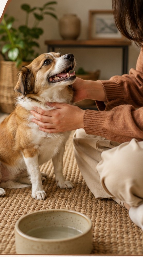 Pet recebendo carinho e cuidado em casa durante o atendimento do pet sitter — Patas & Passos